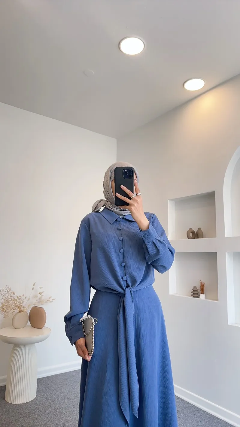 Kuşaklı Gofre Elbise  Siyah